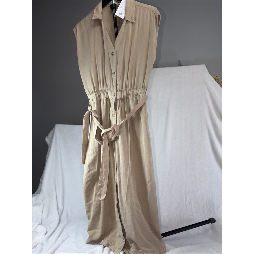 Thread Supply Sleeveless Belted Midi dress Medium Khaki Cottagecore Boho Elastic